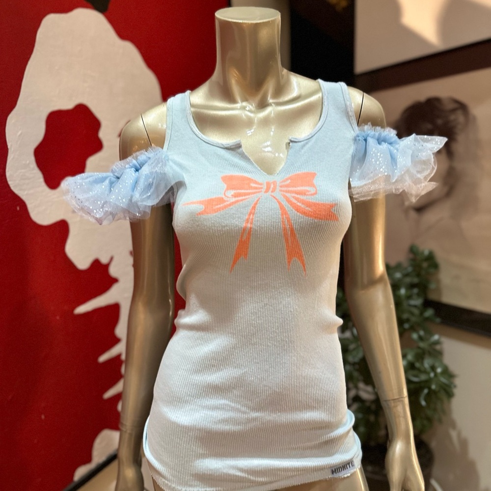BOW DOWN distressed ribbon keyhole handmade tank flutter sleeves distressed M - Picture 6 of 11